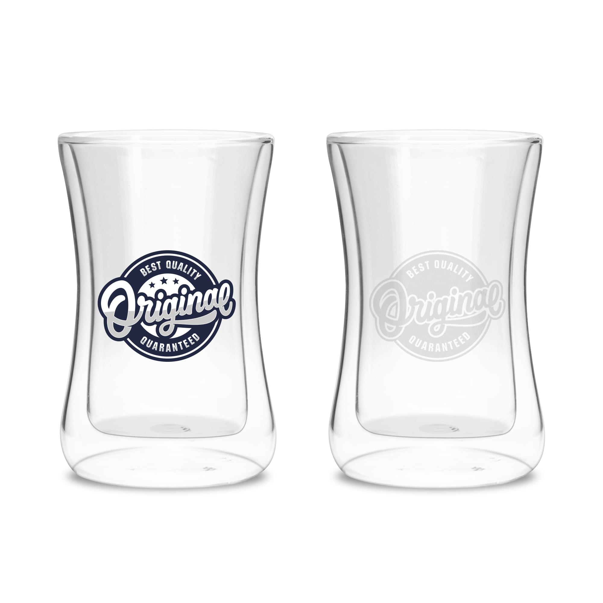 A drink bottle featuring double wall glass, transparent design with a logo on one side and plain on the other. Waistline Double Wall Glass - Image 1