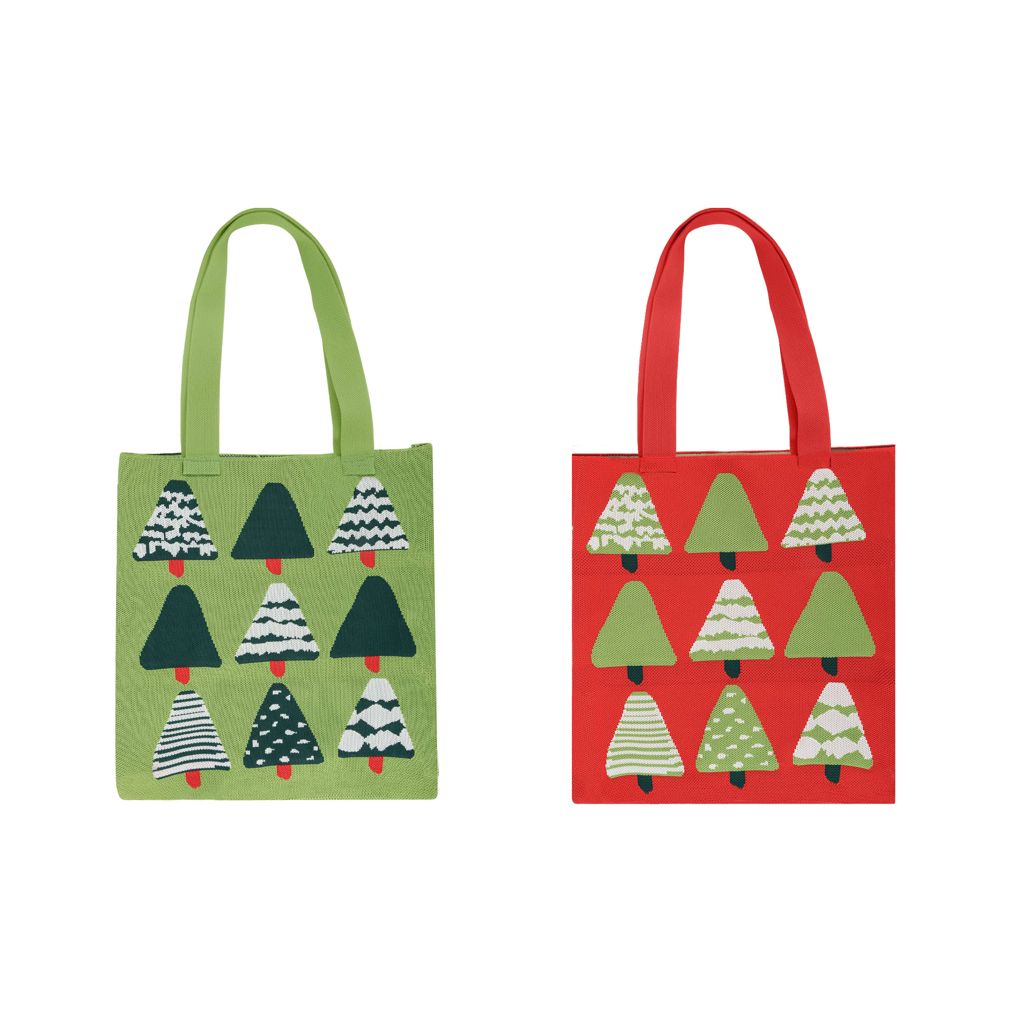 A green tote bag with tree patterns and a red tote bag with patterned trees, both featuring sturdy handles. Knitted Flat Tote Bag - Image 1