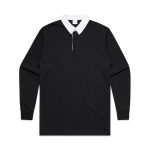 A long-sleeve black rugby jersey with a white collar and a front zip. It features a logo on the chest.