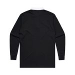 A black rugby jersey with a white collar, featuring long sleeves and a plain back. It has a logo on the front.