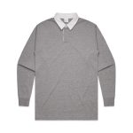A grey rugby jersey with long sleeves and a white collar, featuring a logo on the chest.
