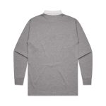 A grey rugby jersey with long sleeves and a white collar, featuring a logo on the front.