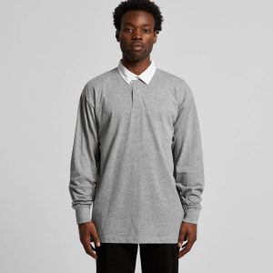 A long-sleeved grey rugby jersey with a white collar and a logo on the chest.