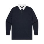 A navy rugby jersey with a white collar and long sleeves, featuring a logo on the chest.