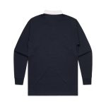 A navy rugby jersey with long sleeves and a white collar, featuring a logo on the back.