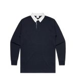 A rugby jersey in navy blue featuring a white collar and long sleeves, with a brand logo displayed.