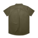 A short-sleeved work shirt in olive green, featuring a back pleat and a collar. It has a logo on the side.