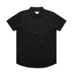 A black work shirt featuring a collar and two chest pockets, with a logo on the label.