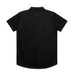 A black short-sleeve work shirt featuring a back yoke and a subtle logo on the back.