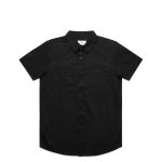 A black short-sleeved work shirt featuring two chest pockets and a button-up front. It includes a logo.