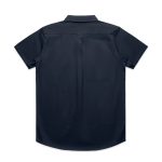 A short-sleeved work shirt in navy blue with a slightly curved hem and a back yoke, featuring a logo.