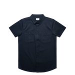 A dark navy short-sleeve work shirt with two front pockets and a collar. The shirt features a logo.
