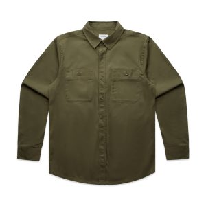 An olive green work shirt with a button-up front and two chest pockets, featuring a logo on the chest.
