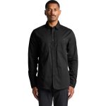 A black work shirt featuring long sleeves and two chest pockets, worn by a model. It includes a logo.