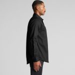 A black work shirt displayed on a model, featuring a side view with long sleeves and a pocket.