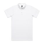 A white polo shirt with a collar and buttons, featuring a logo on the chest. Suitable for workwear.