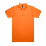 An orange polo shirt with a collar and short sleeves, featuring a logo on the neck.