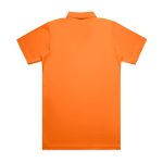 An orange work polo shirt with a short sleeve and a collar, featuring a logo.