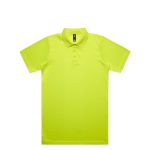 A bright yellow polo shirt featuring a collar and short sleeves, with a logo on the chest.