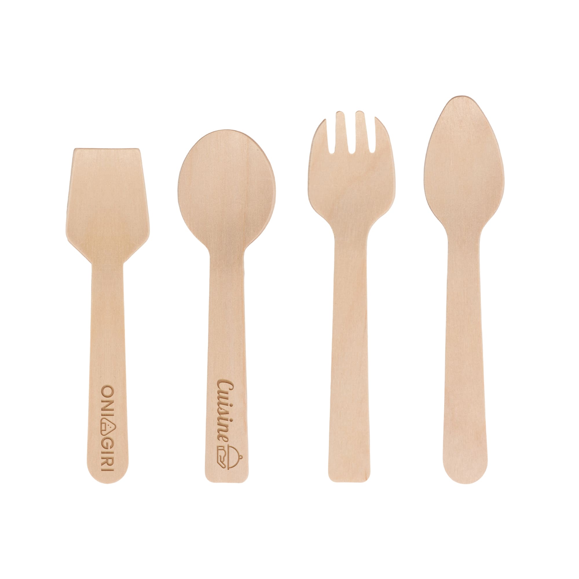 A pack of 100 disposable birch spoons and forks in natural wood colour, featuring various utensil shapes and a logo. Pack of 100 Per Pack Disposable Birch Spoons/Forks (Small) - Image 1