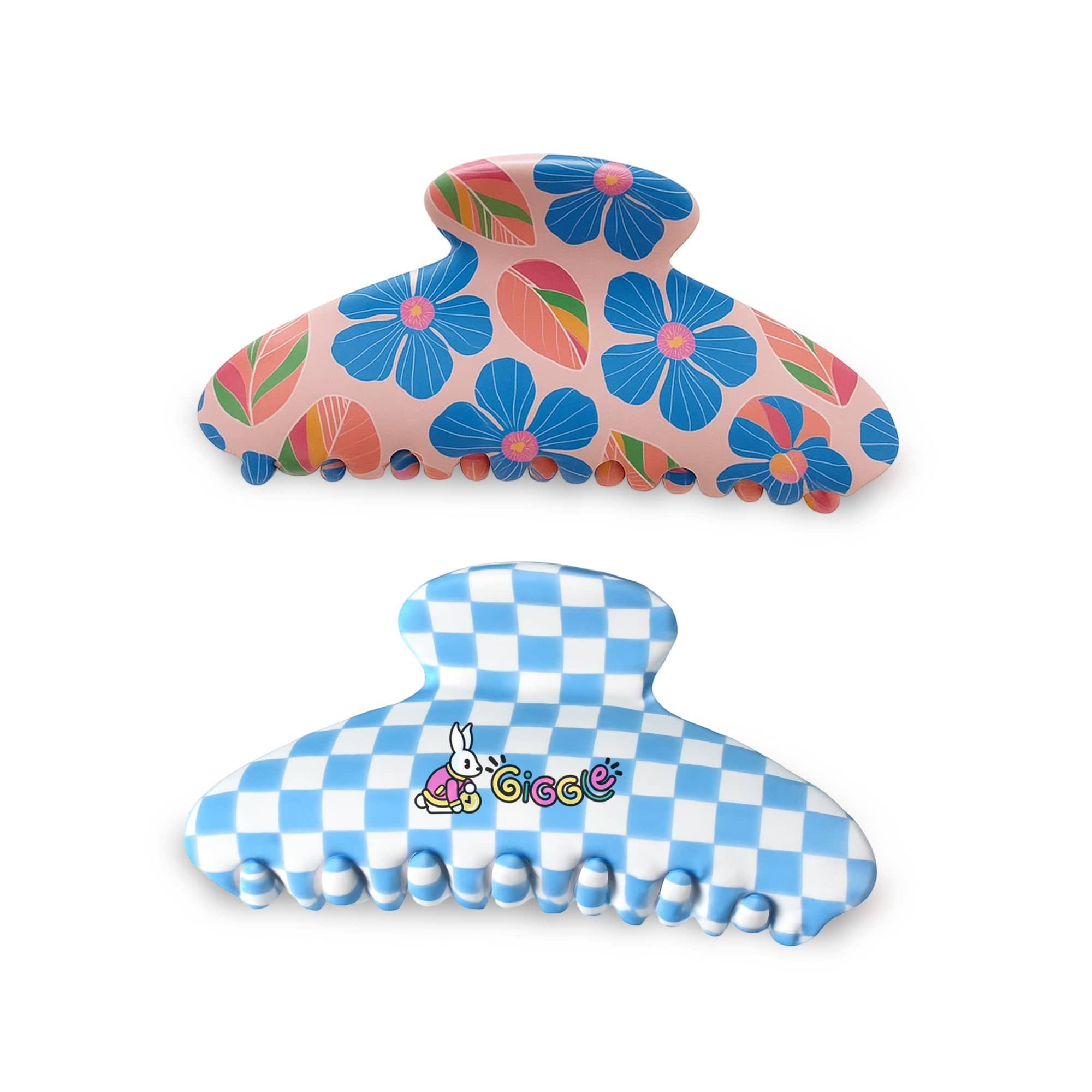Two hair clips with vibrant patterns. The top clip features pink flowers with blue accents, while the bottom is blue and white checkered with a logo. Full Colour Print Hair Clips - Image 1