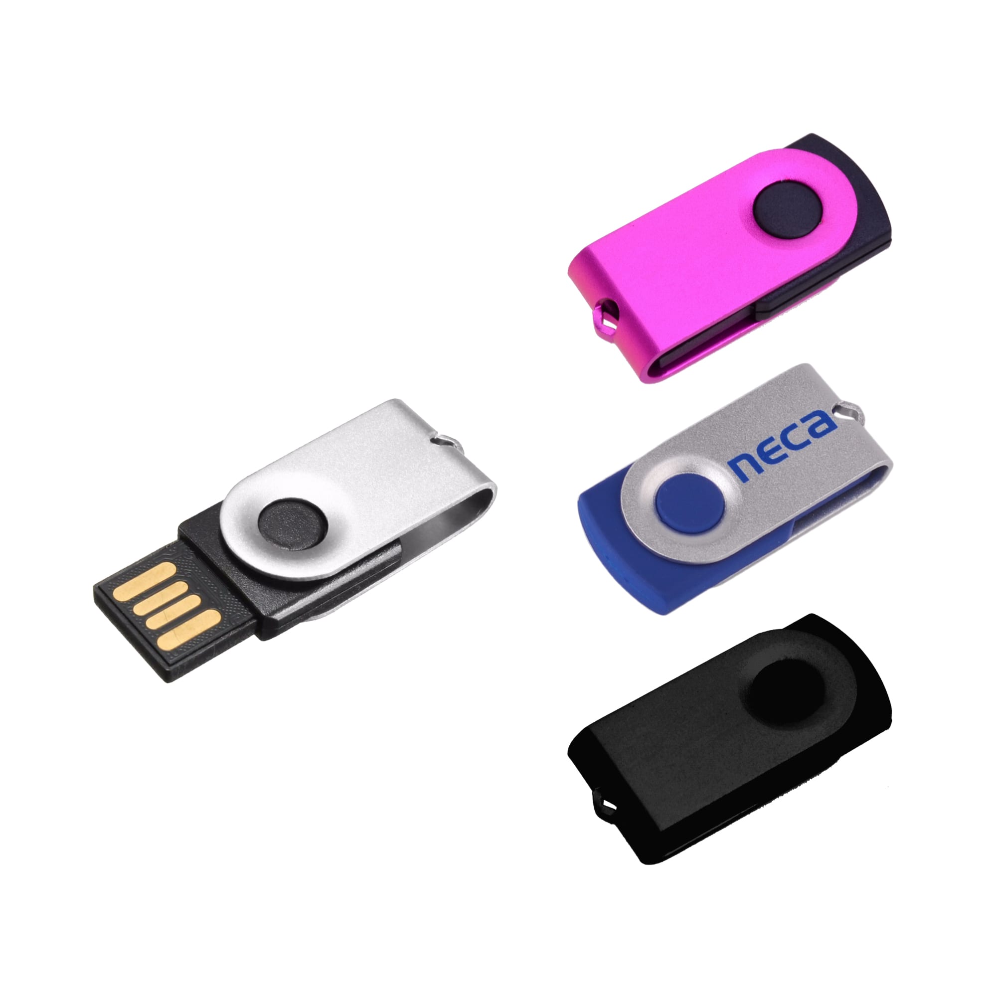 A set of four Mini Belton Flash Drives in pink, silver, blue, and black, each featuring a logo. Mini Belton Flash Drive - Image 1