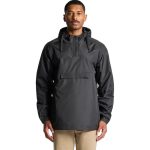 A black windbreaker jacket with a hood and a front pocket, featuring a logo on the chest.