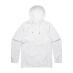 A white windbreaker jacket with a hood, featuring an adjustable drawstring and a front pocket. It has a logo.