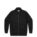 A black bomber jacket with a zip front and ribbed collar and cuffs, featuring a logo.