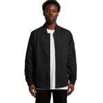 A black bomber jacket is displayed on a model, featuring a zip front and ribbed cuffs. The jacket has a logo.