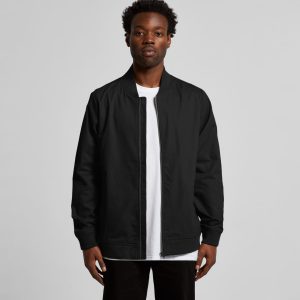 A black bomber jacket worn by a model, featuring a zip front and ribbed cuffs, with a logo visible.