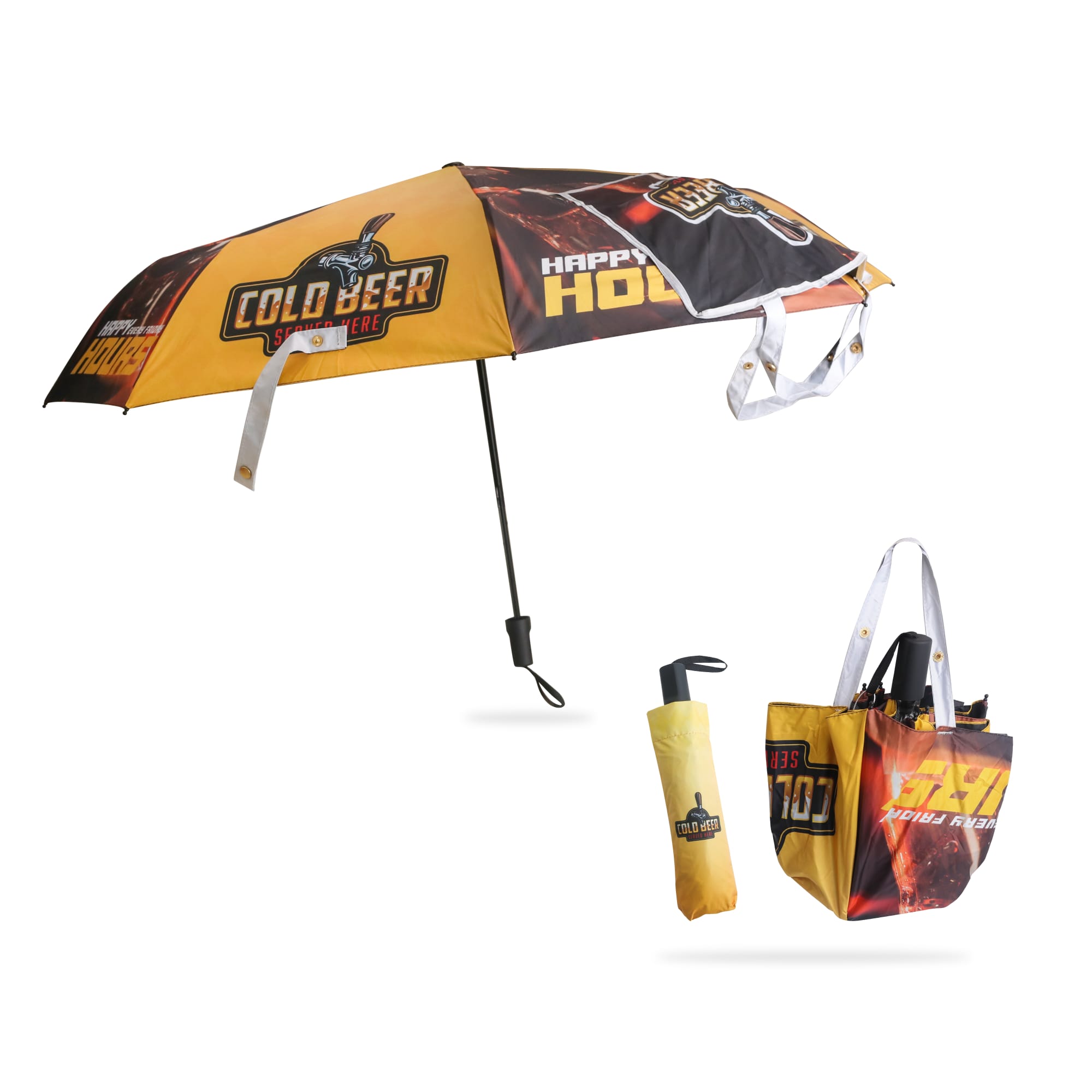 A folding umbrella in yellow and black, featuring a logo and packed in a matching bag for easy transport. Handbag Folding Umbrella - Image 1