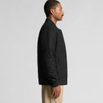 A black felt bomber jacket featuring a button-up front and ribbed cuffs, displayed on a model from the side.