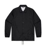 A black coach jacket with a collared neck, snap buttons, and elasticised cuffs. It features a logo on the front.