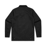 A black work jacket featuring a simple design and a logo on the back.