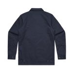 A navy work jacket with a collar, long sleeves, and buttoned cuffs, featuring a logo on the back.