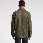 A green Chore Jacket featuring a simple design, view from the back, with a visible logo on the fabric.