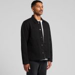 A black canvas chore jacket featuring multiple pockets and a button-up front, displayed on a model.