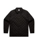 A black quilted jacket with a button-up front and long sleeves. It features a logo on the chest area.