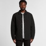 A man wearing a black quilted jacket with a button-up front and a collared neck. The jacket has a logo.