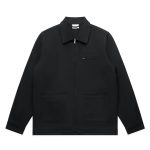 A black heavy canvas jacket featuring a zippered front and two large pockets, with a logo on the chest area.