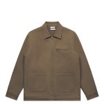 A canvas heavy jacket in olive green with a zip front and two front pockets. It features a small chest pocket and has a logo.