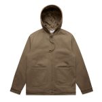 A heavy hooded jacket in khaki, featuring a hood and two front pockets, with a quilted lining inside.