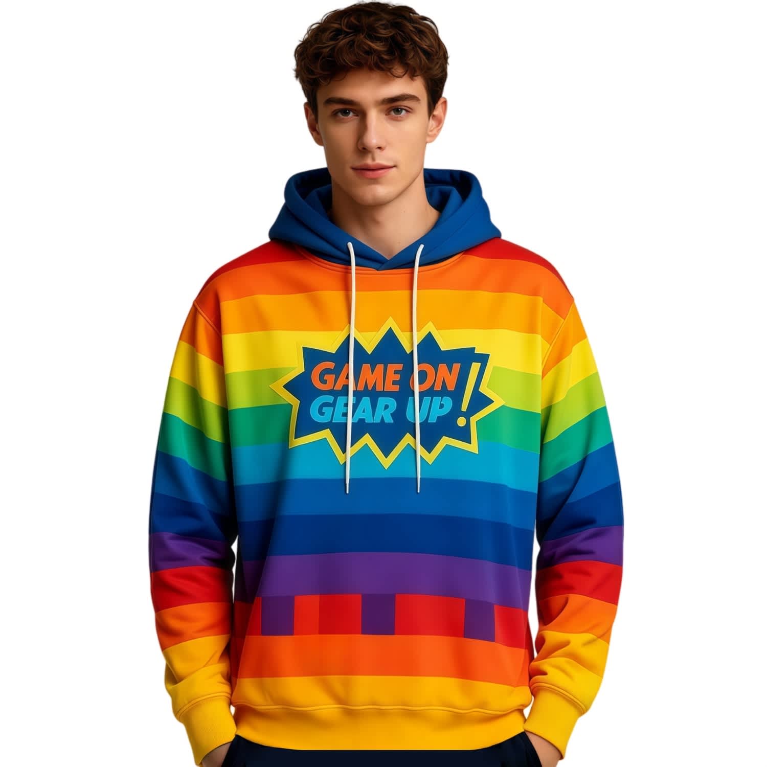 A unisex adults hoodie featuring a vibrant rainbow design with a blue hood and a logo on the front. Unisex Adults Polyester Spandex Sublimated Track Hoodie - Image 1