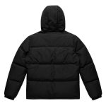 A hooded puffer jacket in black, featuring a quilted design and a logo on the back.