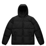 A black hooded puffer jacket with a zip front and two front pockets, featuring a logo.