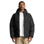 A black hooded puffer jacket is displayed on a model, featuring a zip front and elasticised cuffs. It has a logo.