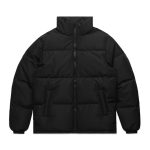 A black puffer jacket with a high collar, featuring a zip closure and a padded design.