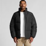 A black puffer jacket with a high collar, featuring a sleek design and a fitted silhouette. It has visible puffer detailing.