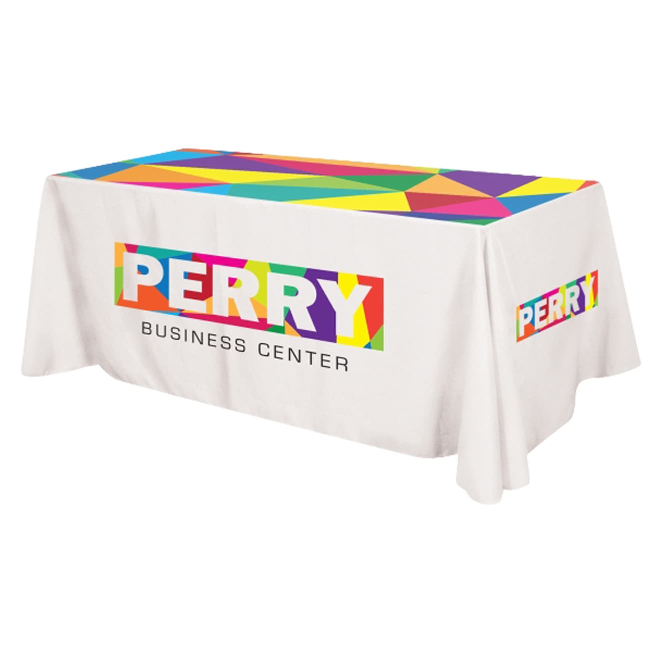A 3-sided throw table cloth in white with a multicoloured geometric design and a logo. Suitable for a 4ft table. 3-Sided Throw Table Cloth * 6ft - Image 1